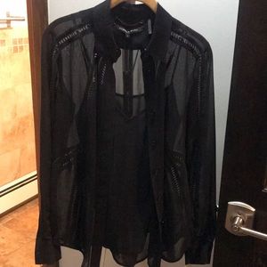 Andrew Marc Black Label Blouse w/Leather Trim